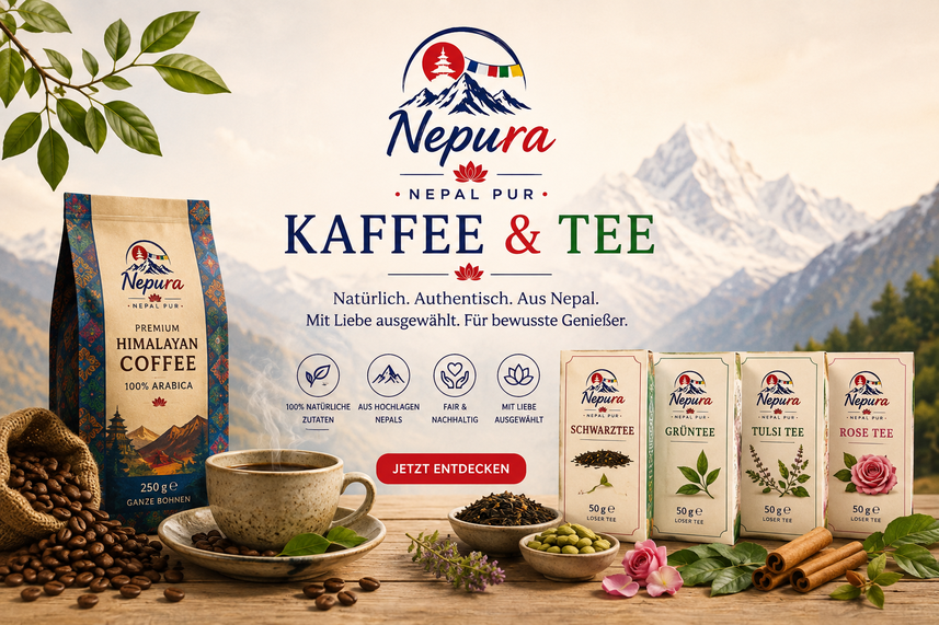 Nepalesischer Kaffee und Tee in Tassen auf einem Holztisch