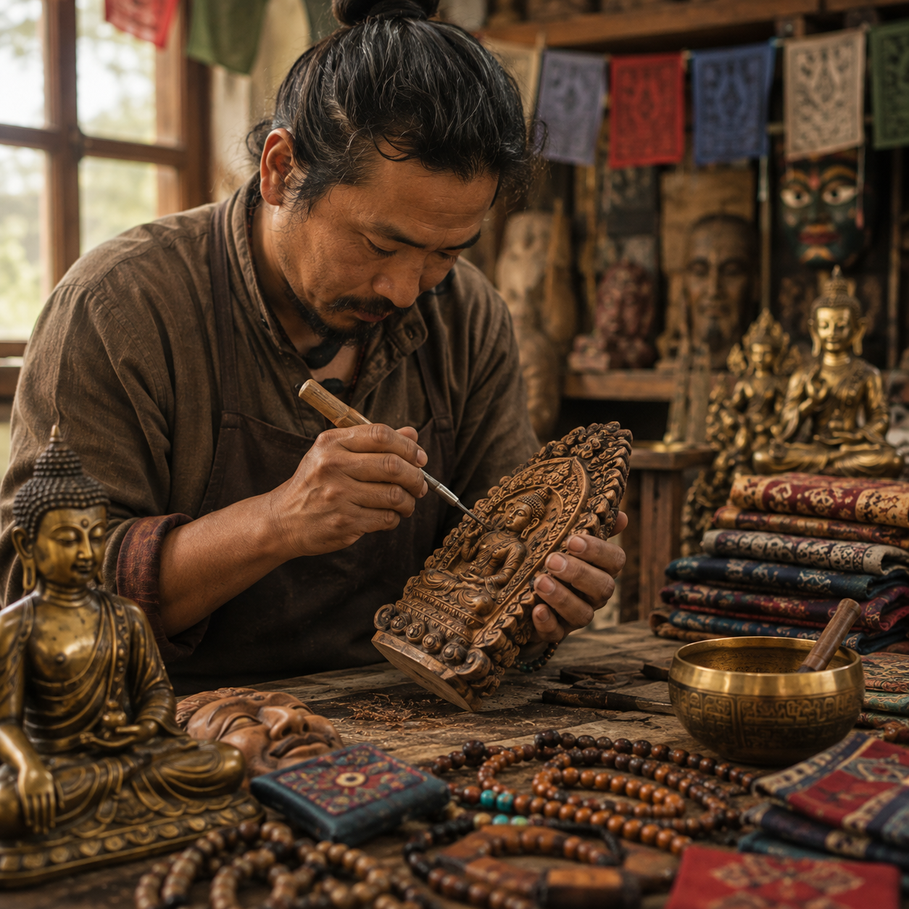 Nepalesisches Handwerk mit Händen, die ein Produkt fertigen