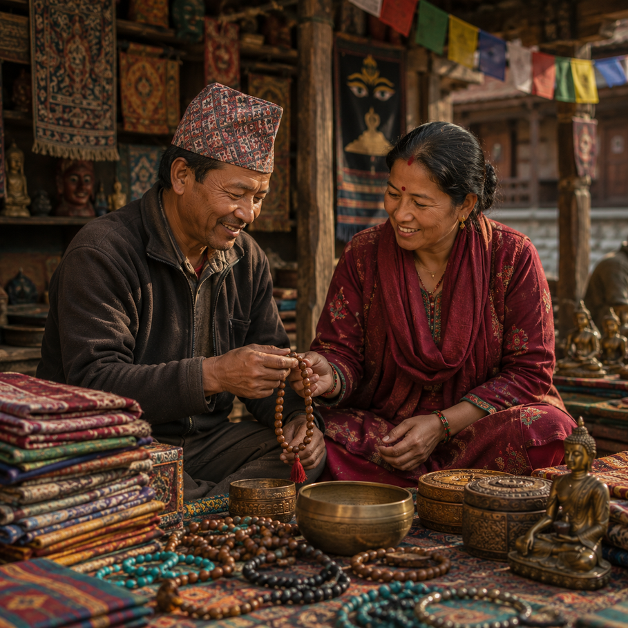 Marktszene in Nepal mit Kunsthandwerkern und Waren