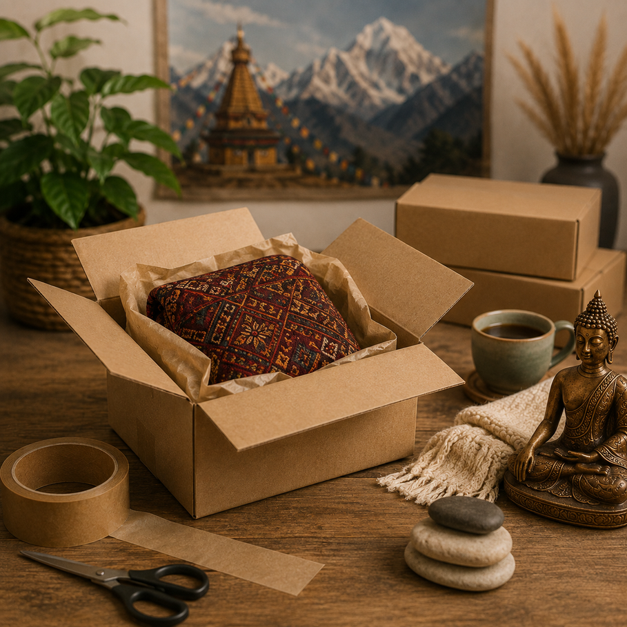 Symbolische Darstellung einer Warenrückgabe mit Paket und Pfeil